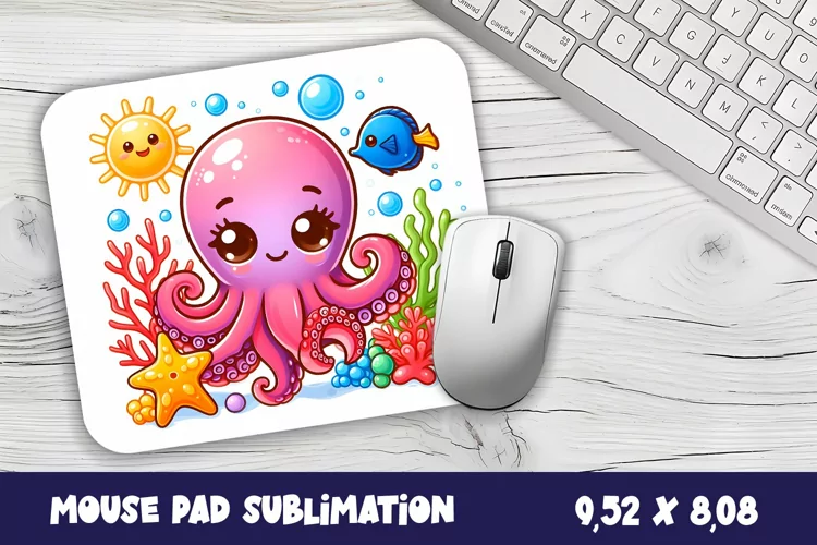 Watercolor Octopus Mouse Pad Design, Sea Sublimation Designs