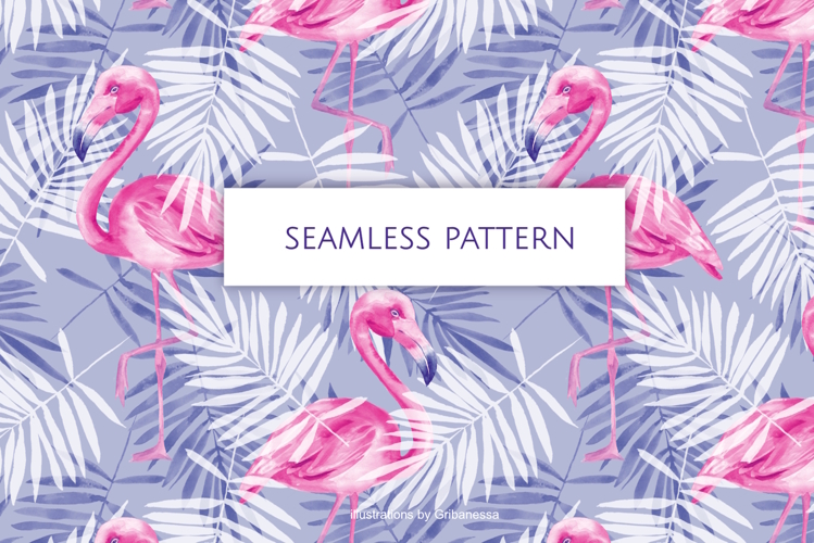 Watercolor Flamingo and Palm Leaves Seamless Pattern