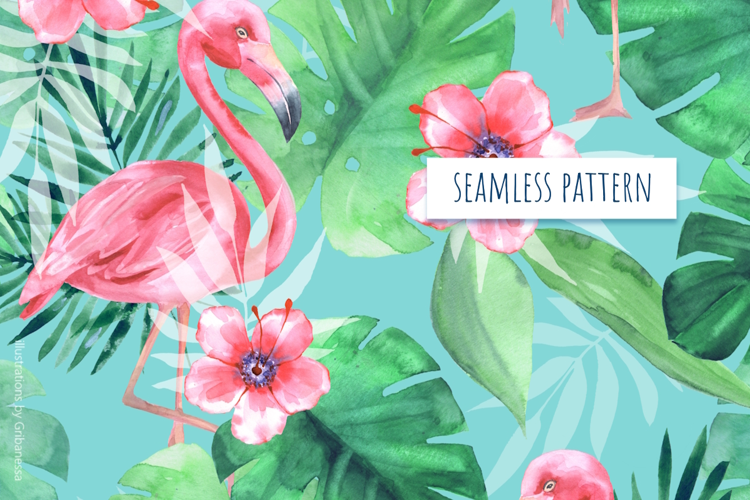 Watercolor Flamingo Tropical Seamless Pattern