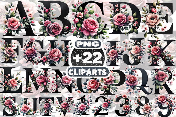 Watercolor Floral Alphabet Clipart | Flower Monogram PNG