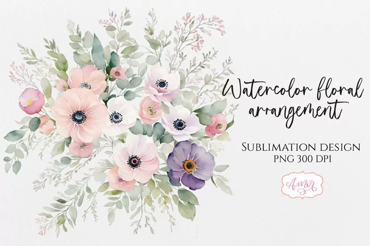 Watercolor floral arrangement PNG for sublimation