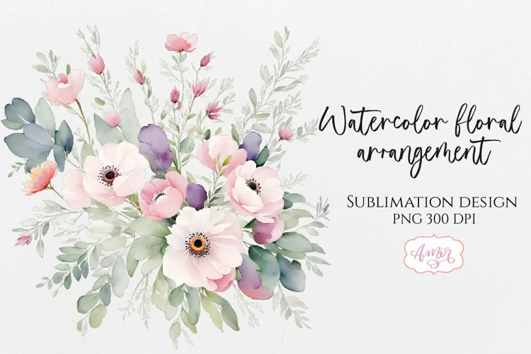 Watercolor floral arrangement PNG for sublimation