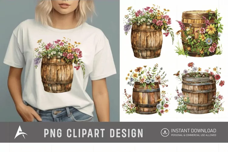 Watercolor Floral Barrel Clipart