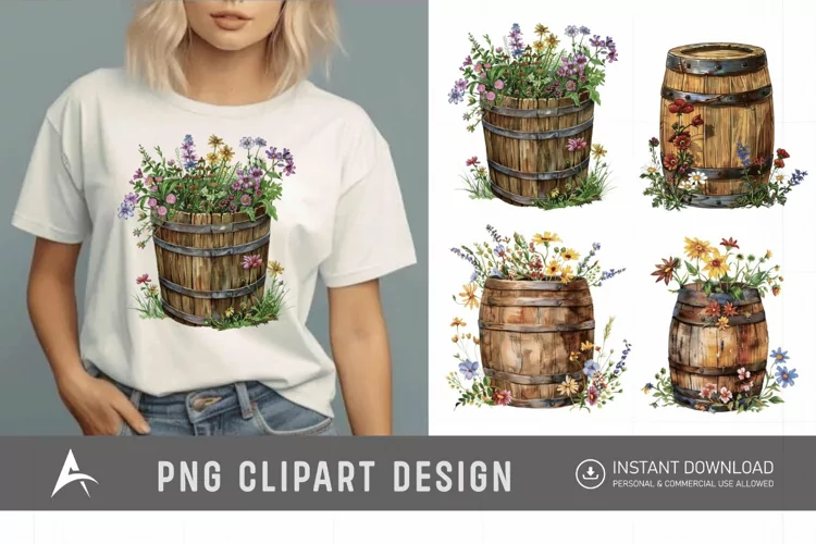 Watercolor Floral Barrel Clipart