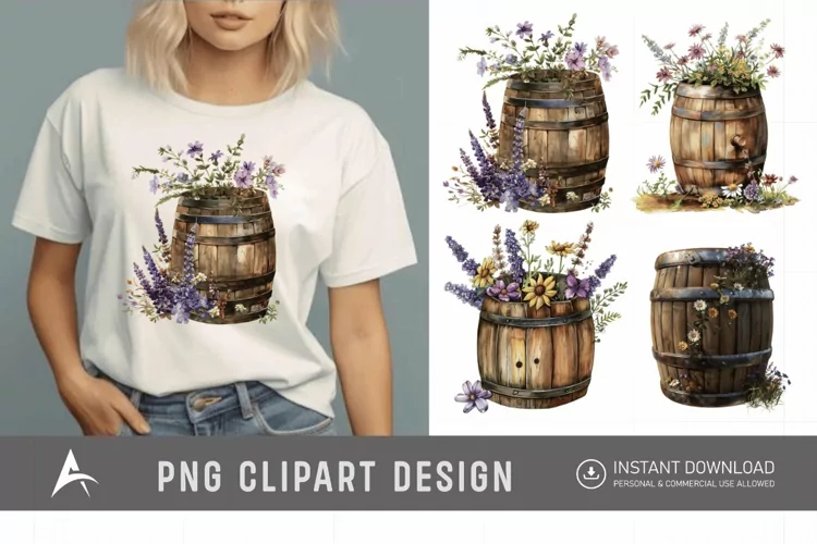 Watercolor Floral Barrel Clipart