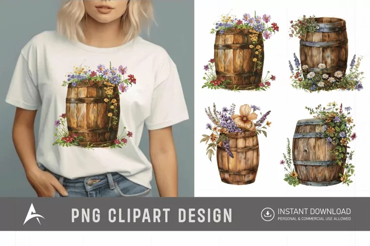 Watercolor Floral Barrel Clipart