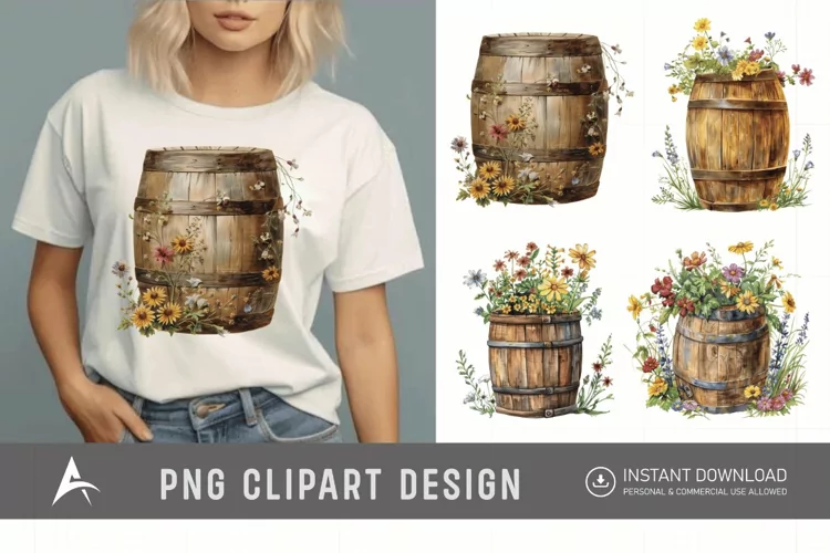 Watercolor Floral Barrel Clipart