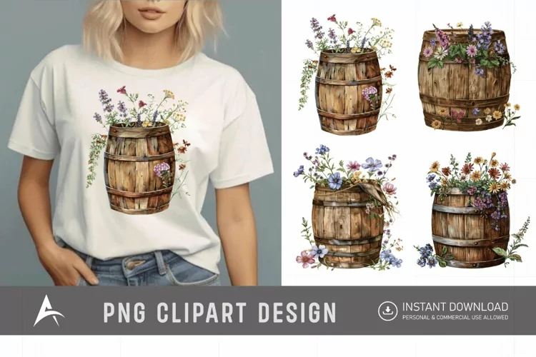 Watercolor Floral Barrel Clipart
