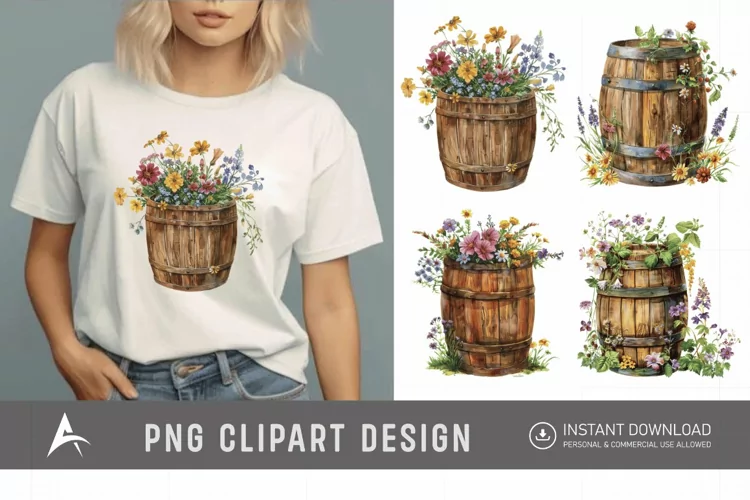 Watercolor Floral Barrel Clipart