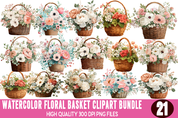Watercolor Flower Basket Clipart, Bundle Flower Basket PNG
