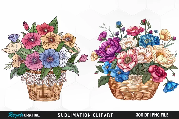 Watercolor Floral Basket Illustration Clipart
