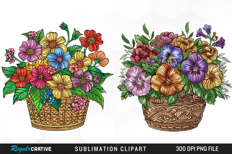 Watercolor Floral Basket Illustration Clipart