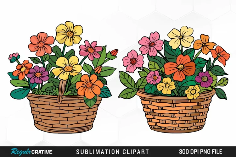 Watercolor Floral Basket Illustration Clipart