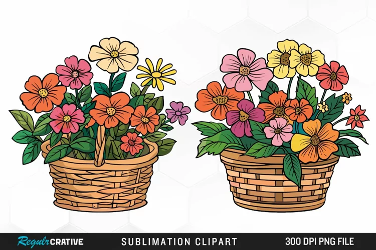 Watercolor Floral Basket Illustration Clipart
