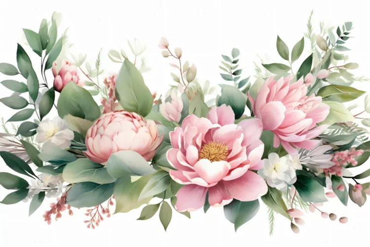 Watercolor floral border wreath with green leaves background
