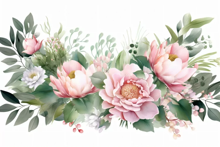 Watercolor floral border wreath with green leaves background