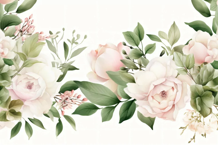 Watercolor floral border wreath with green leaves background