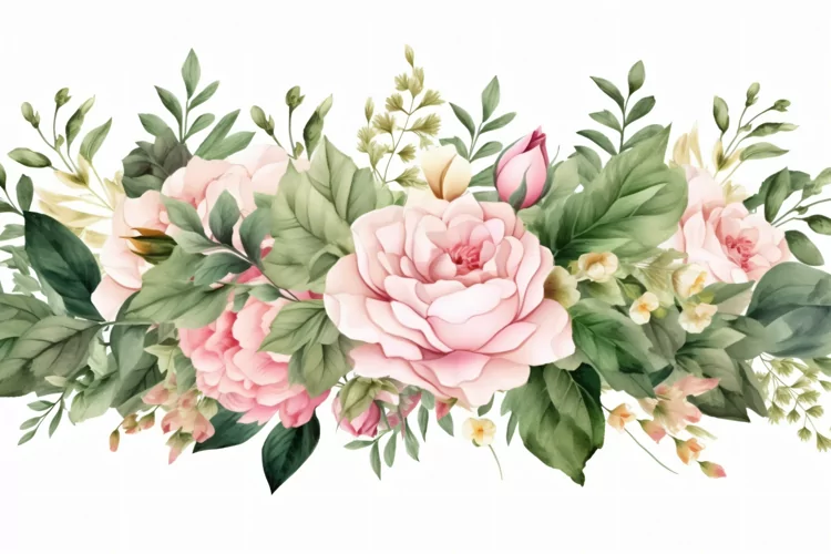 Watercolor floral border wreath with green leaves background