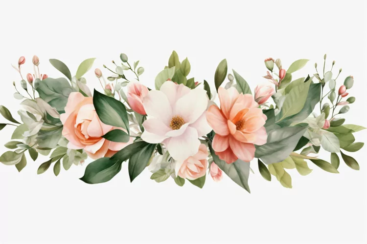 Watercolor floral border wreath with green leaves background