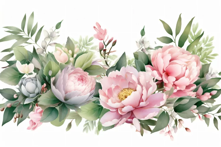 Watercolor floral border wreath with green leaves background