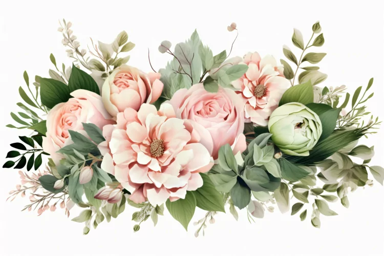Watercolor floral border wreath with green leaves background
