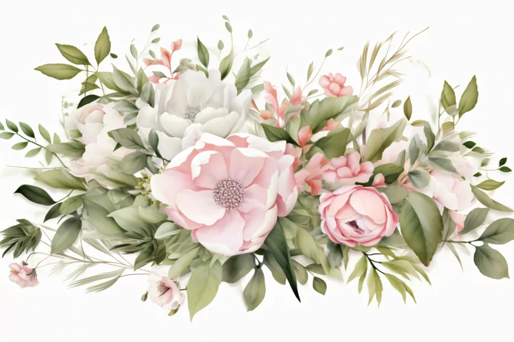 Watercolor floral border wreath with green leaves background