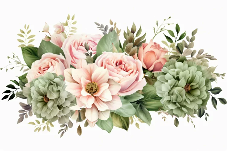 Watercolor floral border wreath with green leaves background