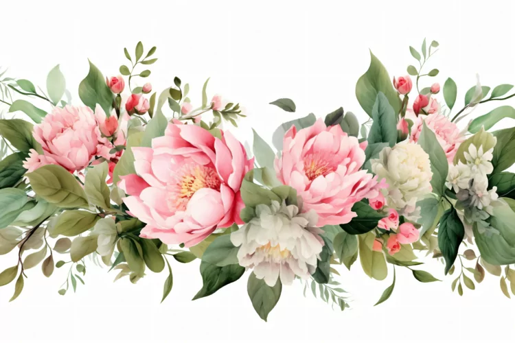 Watercolor floral border wreath with green leaves background