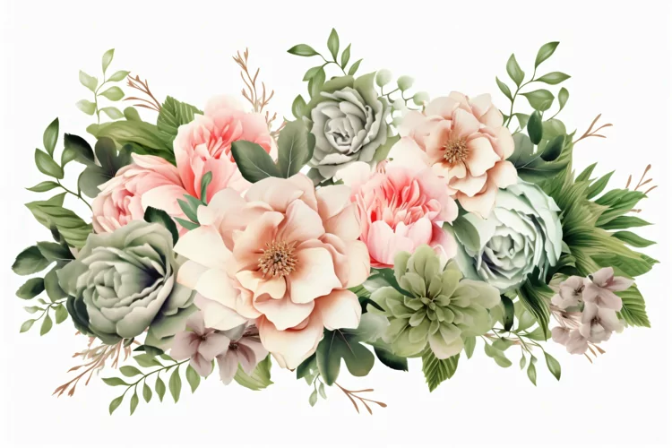 Watercolor floral border wreath with green leaves background