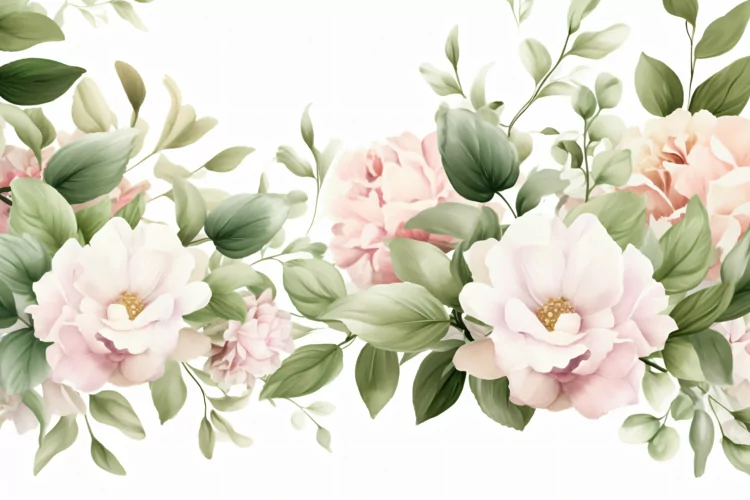 Watercolor floral border wreath with green leaves background