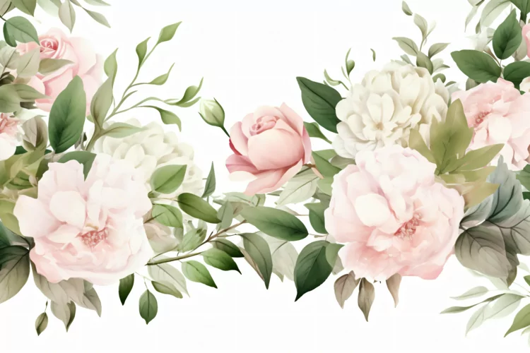 Watercolor floral border wreath with green leaves background