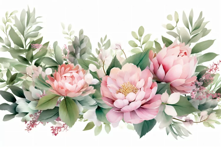 Watercolor floral border wreath with green leaves background