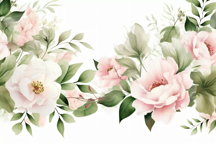 Watercolor floral border wreath with green leaves background
