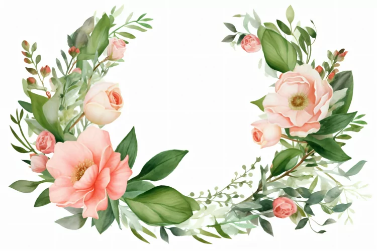 Watercolor floral border wreath with green leaves background