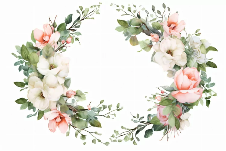 Watercolor floral border wreath with green leaves background