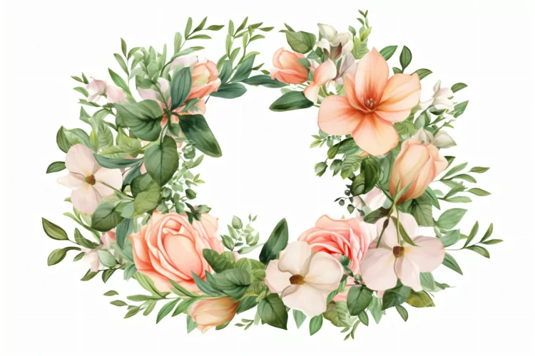 Watercolor floral border wreath with green leaves background
