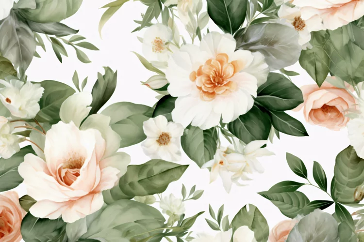 Watercolor floral border wreath with green leaves background