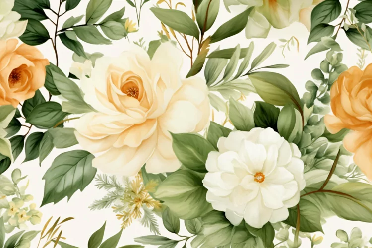Watercolor floral border wreath with green leaves background