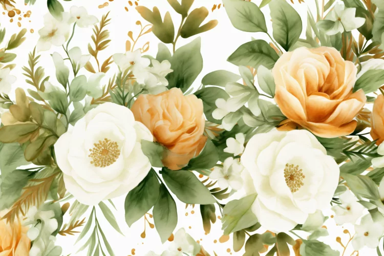 Watercolor floral border wreath with green leaves background