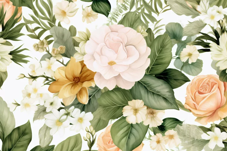 Watercolor floral border wreath with green leaves background