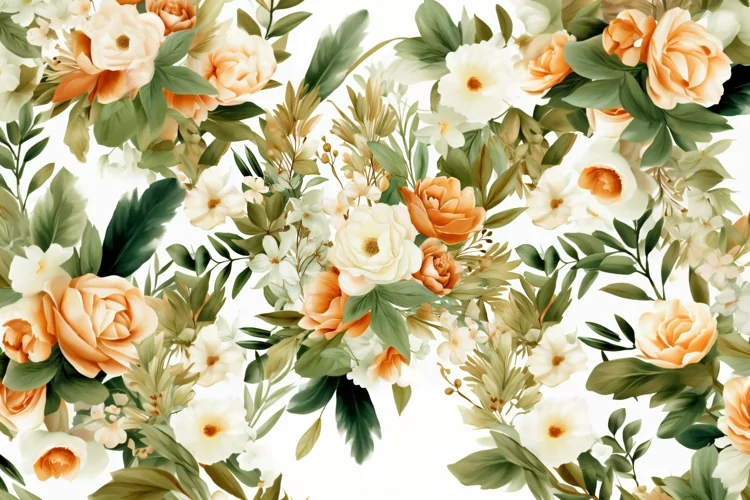 Watercolor floral border wreath with green leaves background