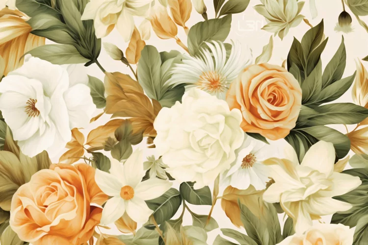 Watercolor floral border wreath with green leaves background