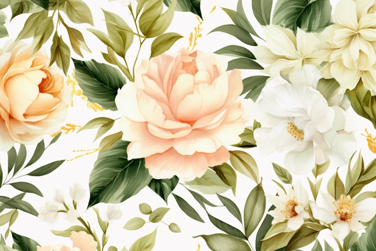 Watercolor floral border wreath with green leaves background