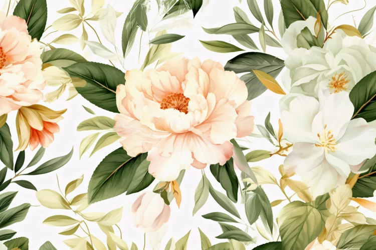 Watercolor floral border wreath with green leaves background