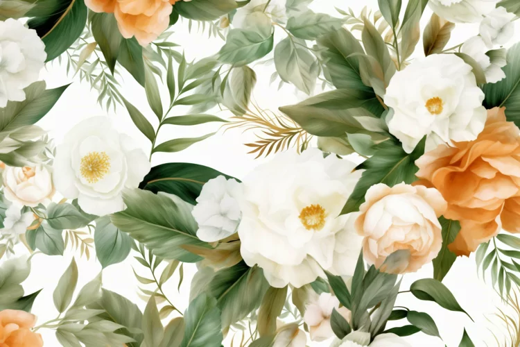 Watercolor floral border wreath with green leaves background
