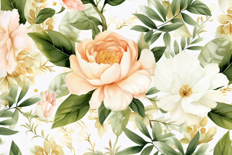 Watercolor floral border wreath with green leaves background