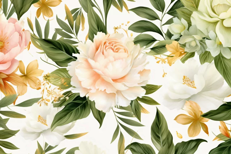 Watercolor floral border wreath with green leaves background