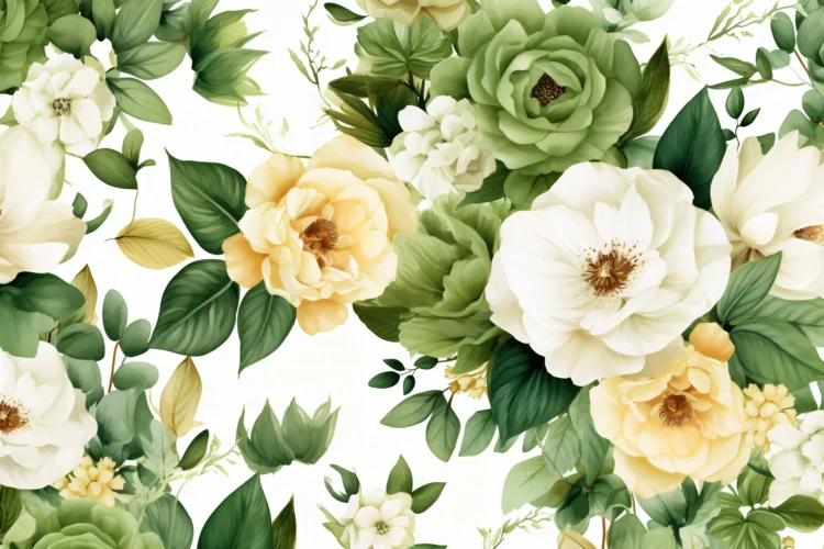 Watercolor floral border wreath with green leaves background