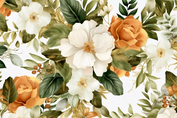 Watercolor floral border wreath with green leaves background