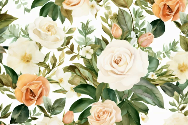 Watercolor floral border wreath with green leaves background